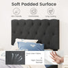 Tufted headboard of a gray upholstered platform bed with faux linen fabric and high-density sponge for twin size.