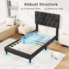 Upholstered twin platform bed with tufted gray headboard, featuring 12 plywood slats and additional legs for support.