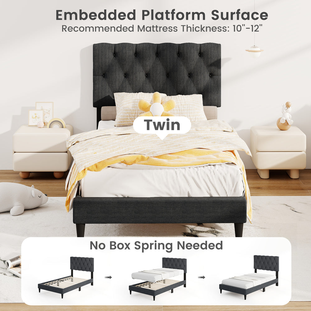Upholstered twin platform bed in gray with tufted headboard and wooden slats, no box spring needed for easy setup.