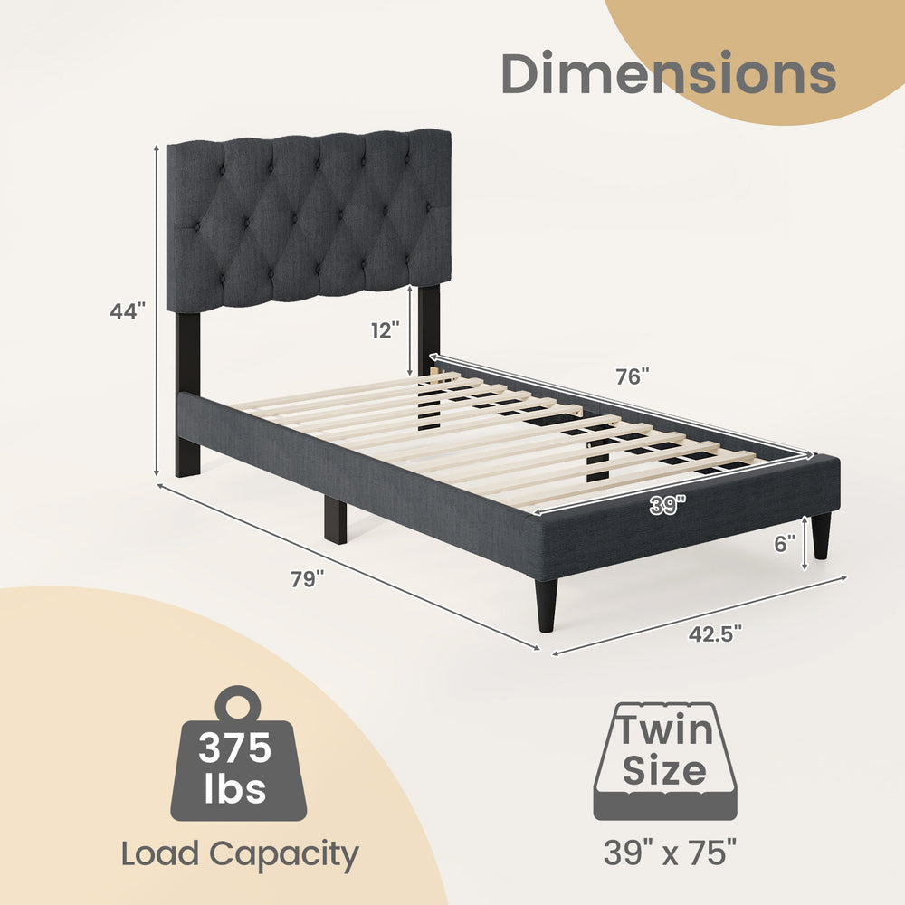 Twin size upholstered platform bed in gray with tufted headboard and wooden slats, supports up to 375 lbs.
