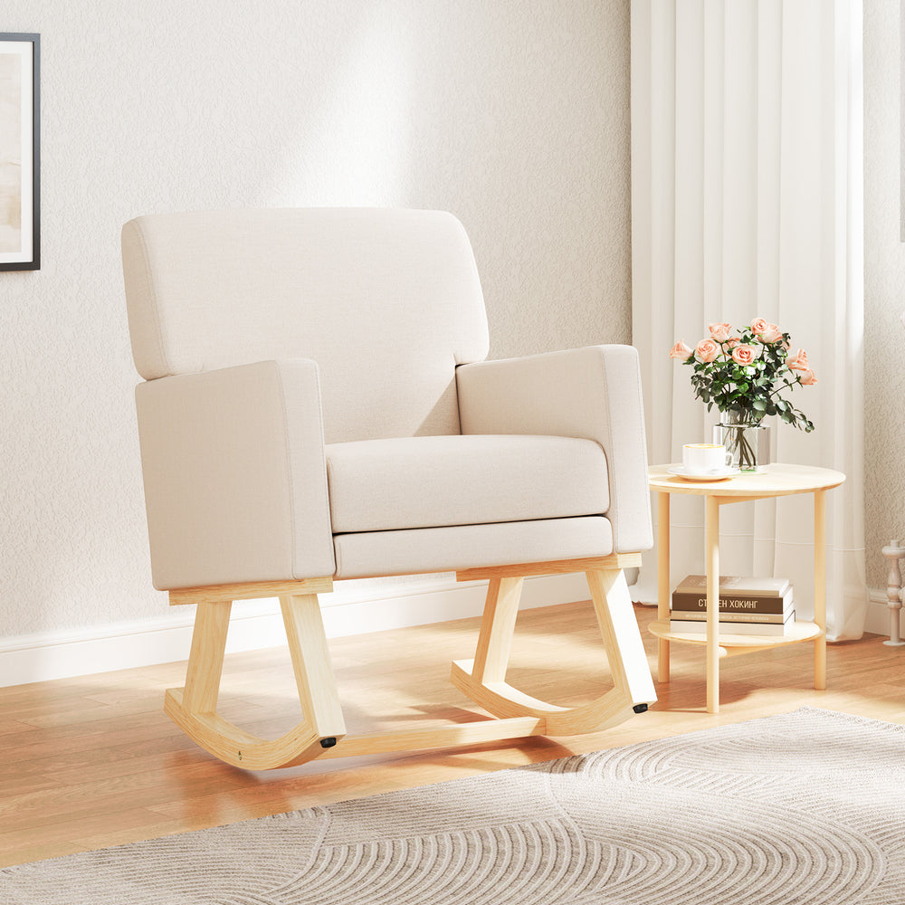 Upholstered Rocking Chair with and Solid Wood Base-Beige - Gallery View 1 of 9