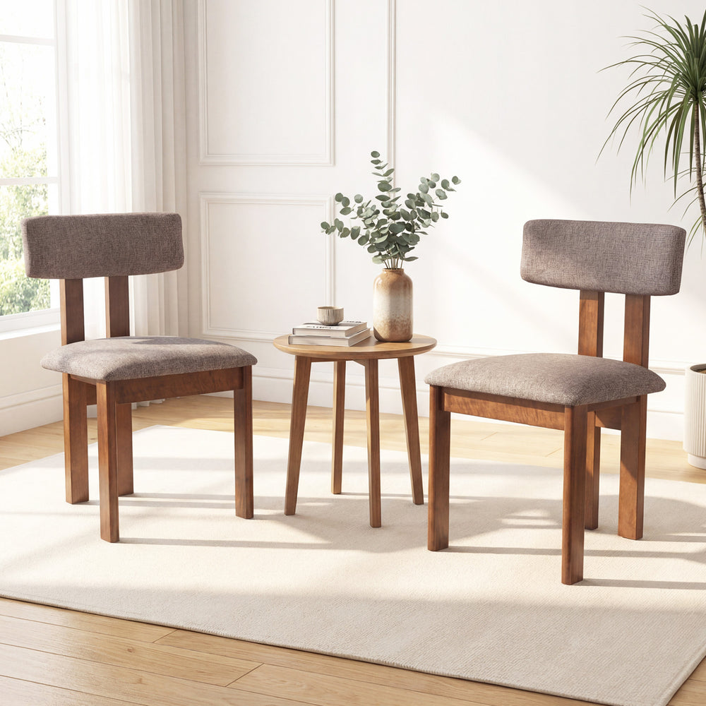 Upholstered rubber wood dining chairs set of 2 with curved backrest in walnut finish, ideal for dining spaces.