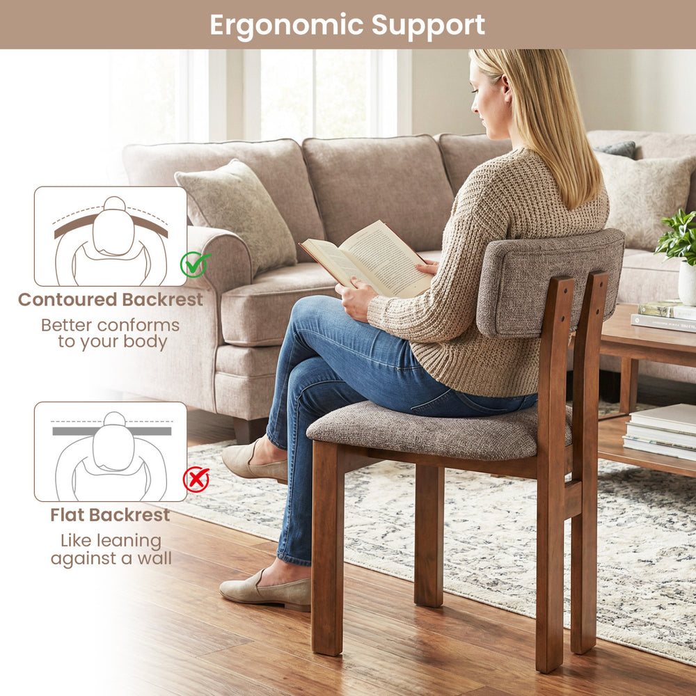 Upholstered dining chair with contoured backrest in walnut, showcasing ergonomic support for comfort during meals.