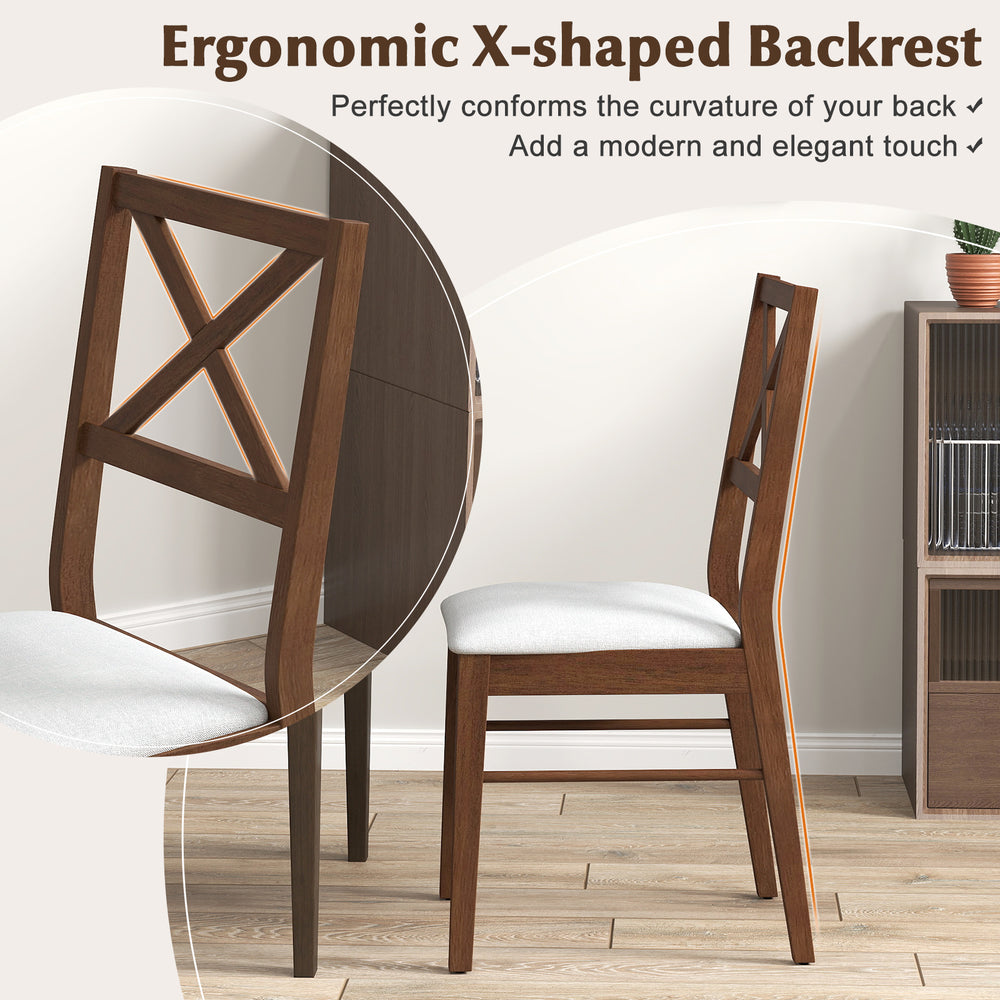 Upholstered side dining chair with ergonomic X-shaped backrest and rubber wood frame, ideal for kitchen or dining room.