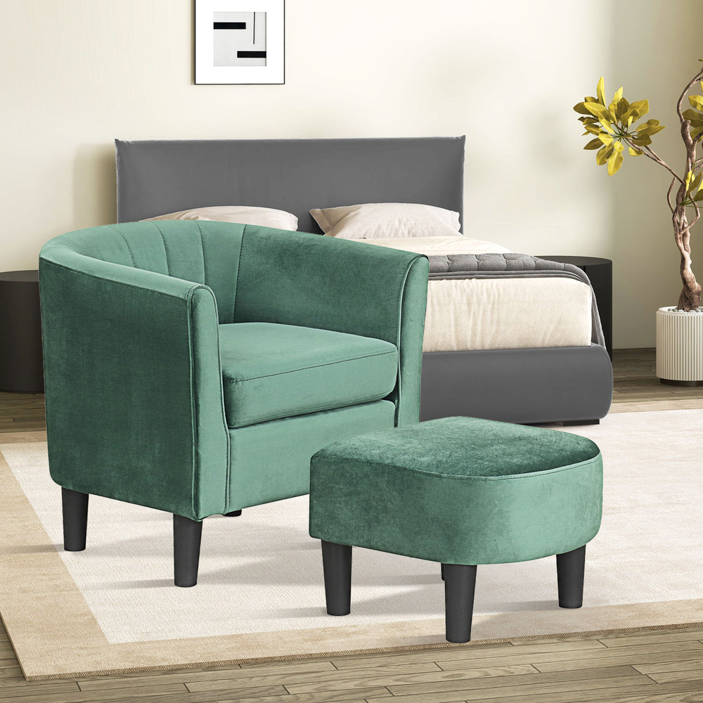Upholstered Teddy Velvet Club Barrel Chair with Ottoman with Footrest-Green - Gallery View 1 of 9