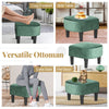 Versatile green ottoman with solid legs, serving as a footrest, extra seat, or pet stool for various home settings.