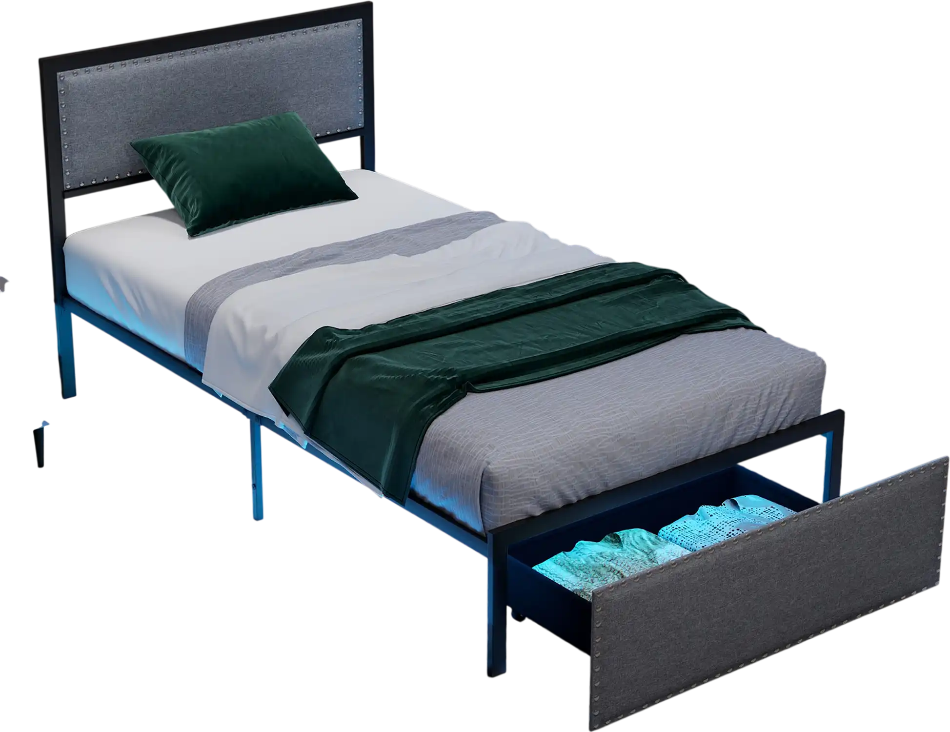 Costway Twin Bed Frame LED Lights Drawer Metal Slats 21438697 New