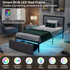 Twin size bed frame with LED lights, upholstered in linen, featuring rolling drawer storage and adjustable brightness.