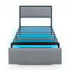 Twin size bed frame with LED lights, upholstered in linen fabric, featuring a rivet-decorated headboard and rolling.