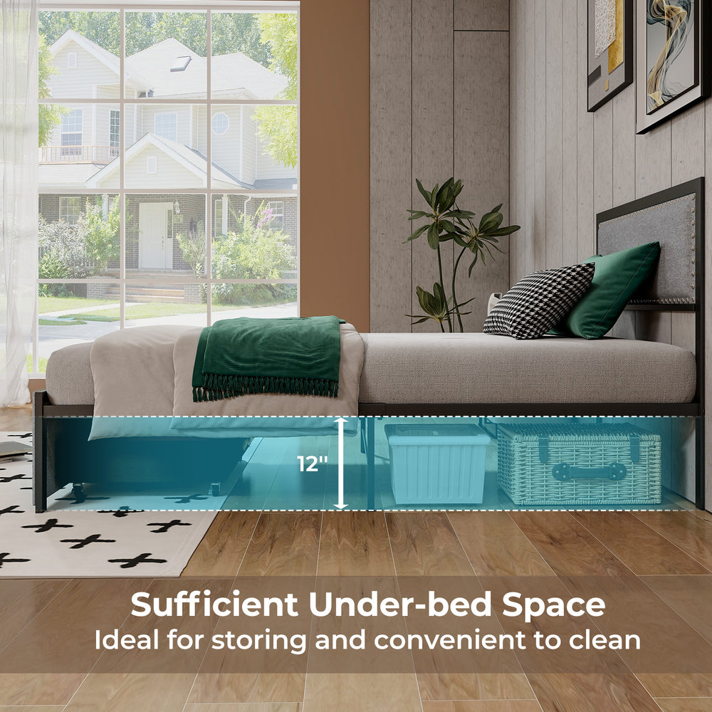Full size bed frame with 12" under-bed storage, upholstered in linen, featuring LED lights and metal slats for.