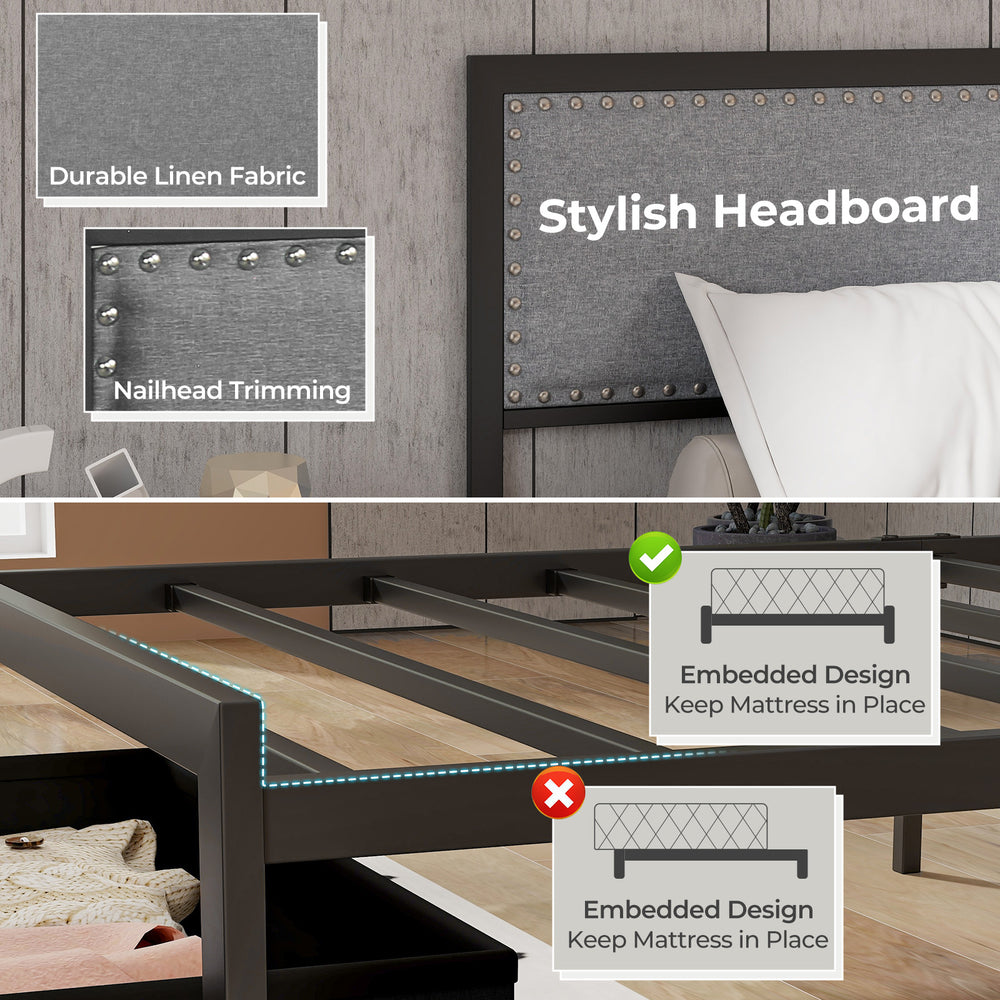 Twin size bed frame featuring a stylish rivet-decorated headboard, durable linen fabric, and embedded design for.