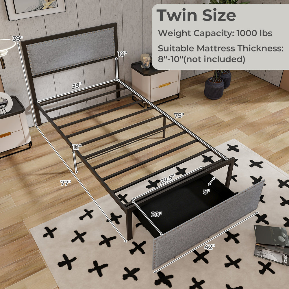 Twin size bed frame with upholstered linen fabric, metal slats, LED lights, and rolling drawer for organized storage.