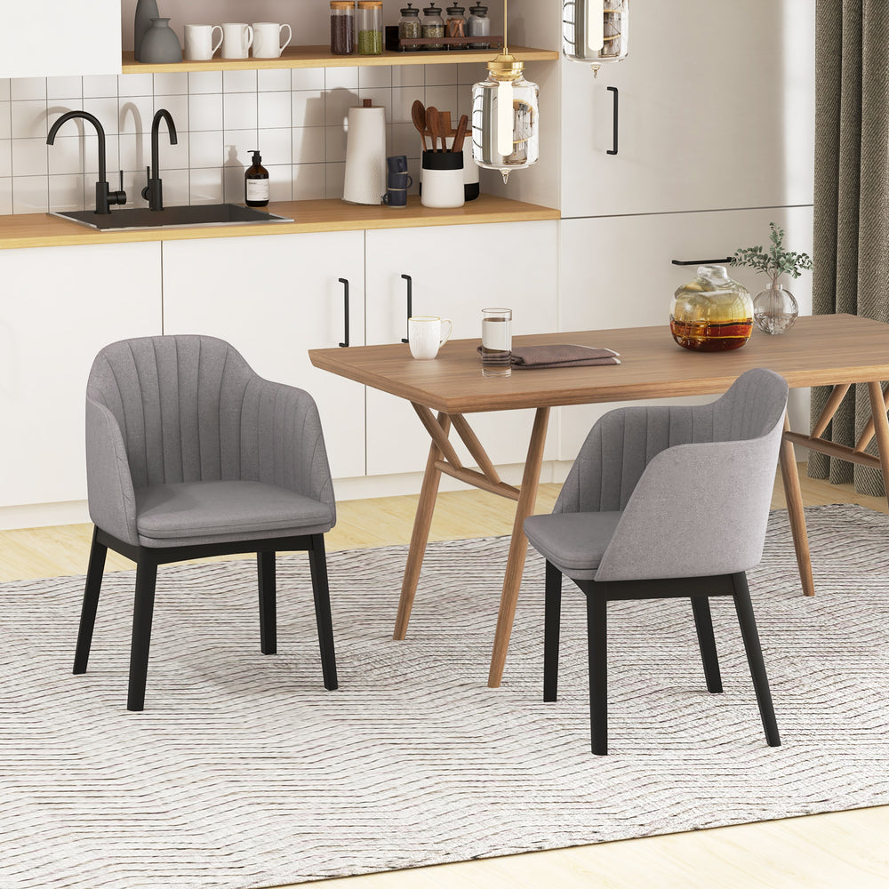 Curved backrest grey upholstered dining chairs set of 2 with rubber wood frame, perfect for dining and relaxation.