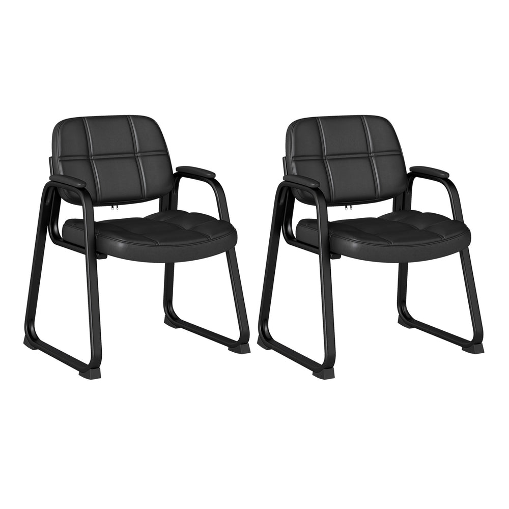 Black PU leather guest chair with integrated armrests and a wide seat, designed for comfort in waiting areas and.
