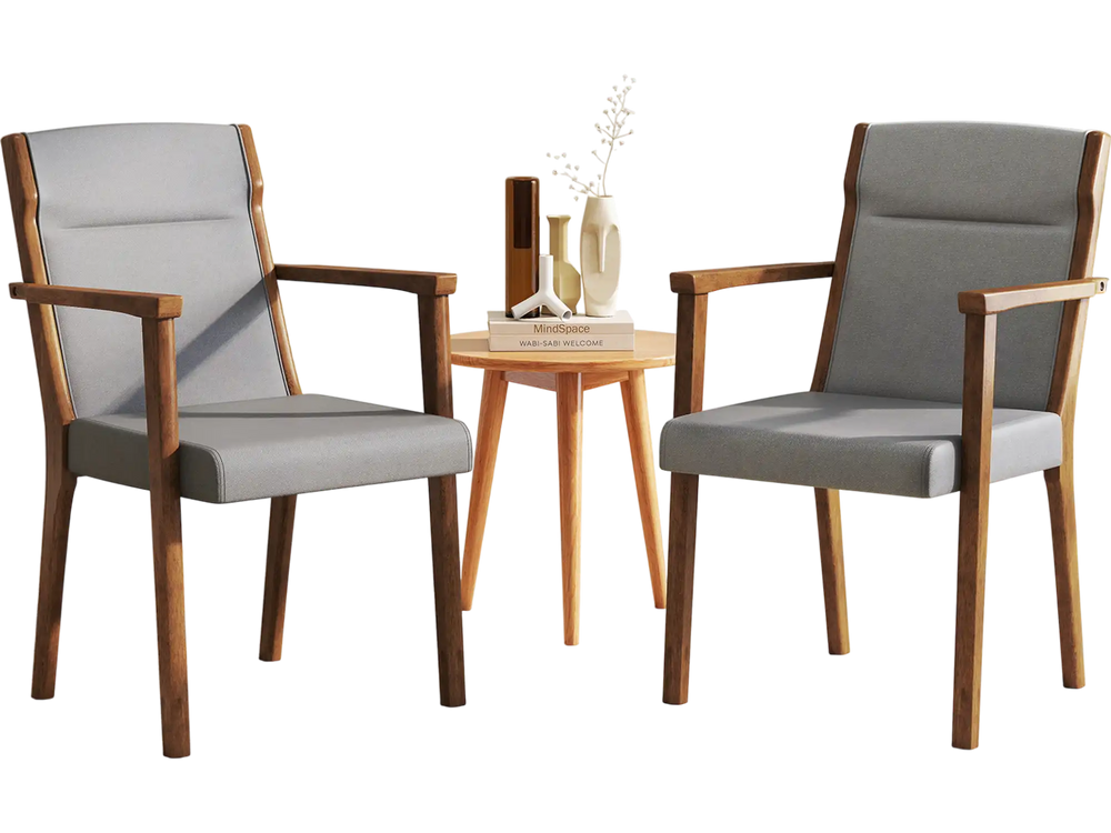 Set of 2 gray upholstered wooden accent chairs with high back, soft cushions, and ergonomic design for living rooms.