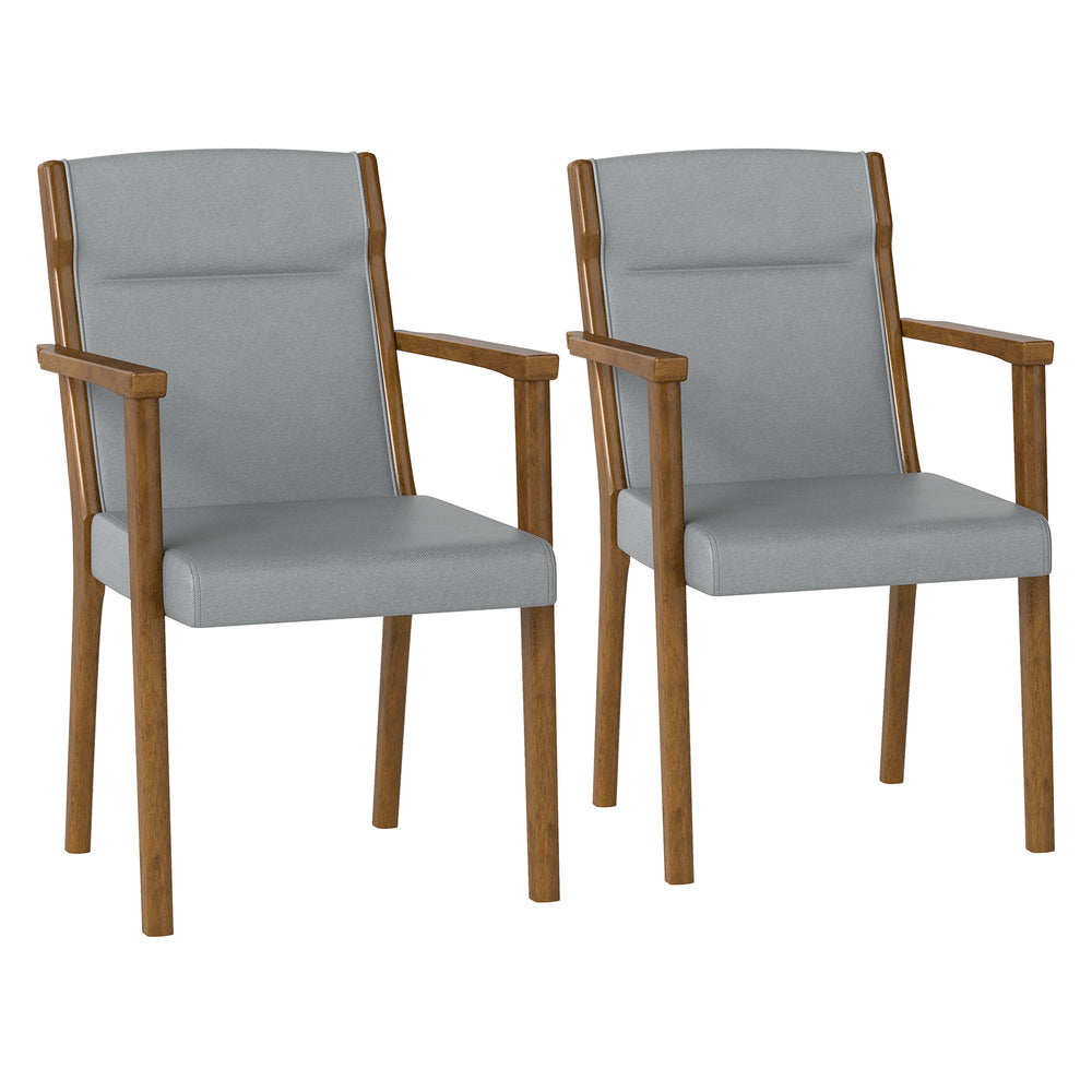Set of 2 gray upholstered wooden accent chairs with high back, soft cushions, and ergonomic armrests for dining or.