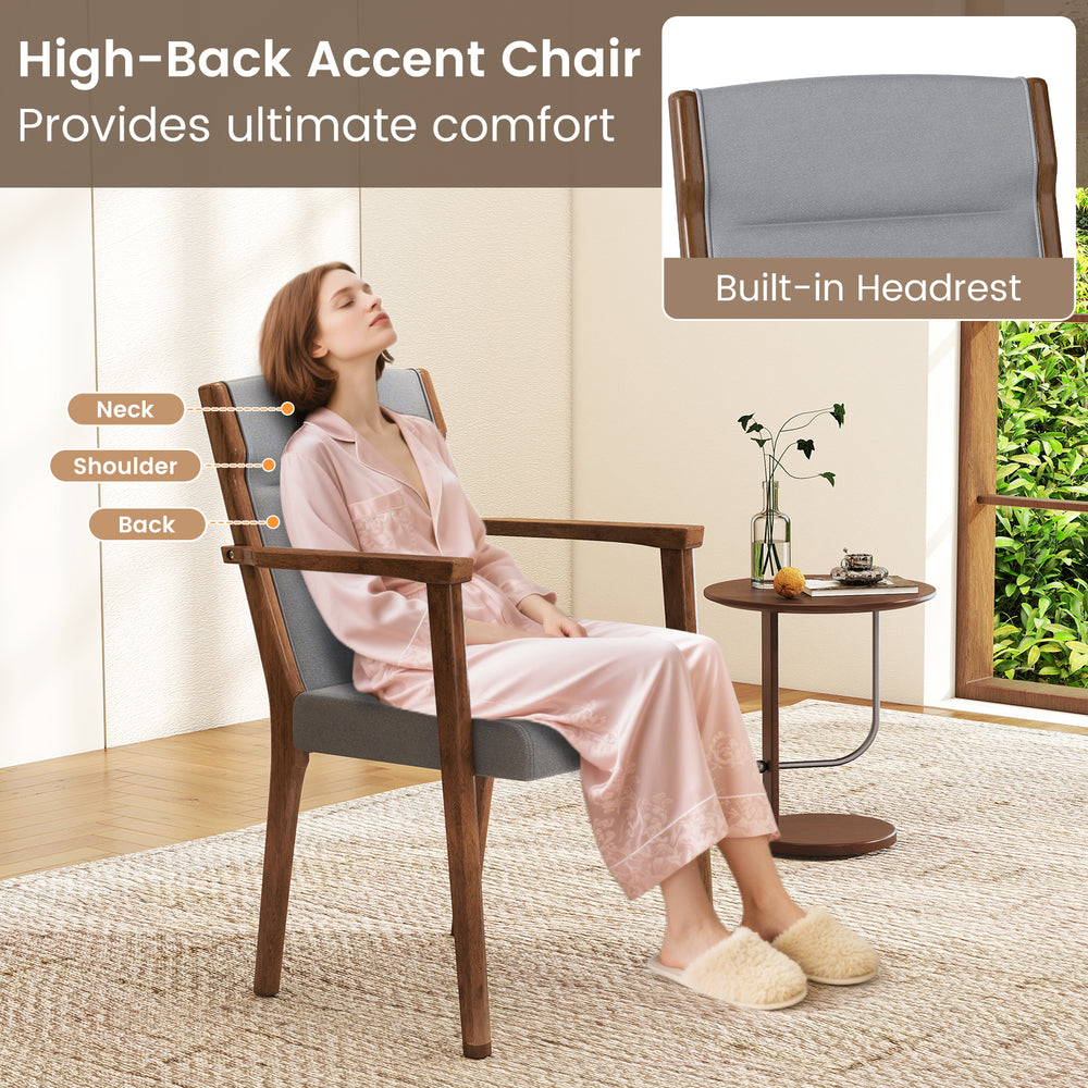 High-back accent chair in gray with built-in headrest, ergonomic design, and rubber wood frame for ultimate comfort.