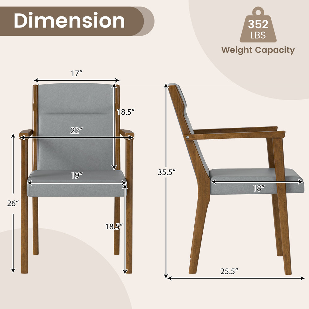 Side view of upholstered wooden accent chair showing dimensions, gray cushion, and ergonomic design for comfort.