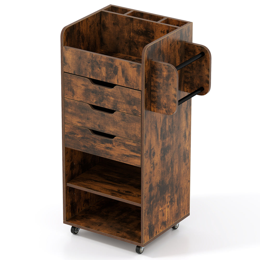 Utility trolley in rustic brown with 3 drawers, open shelves, and side hanging rods for organized storage on wheels.