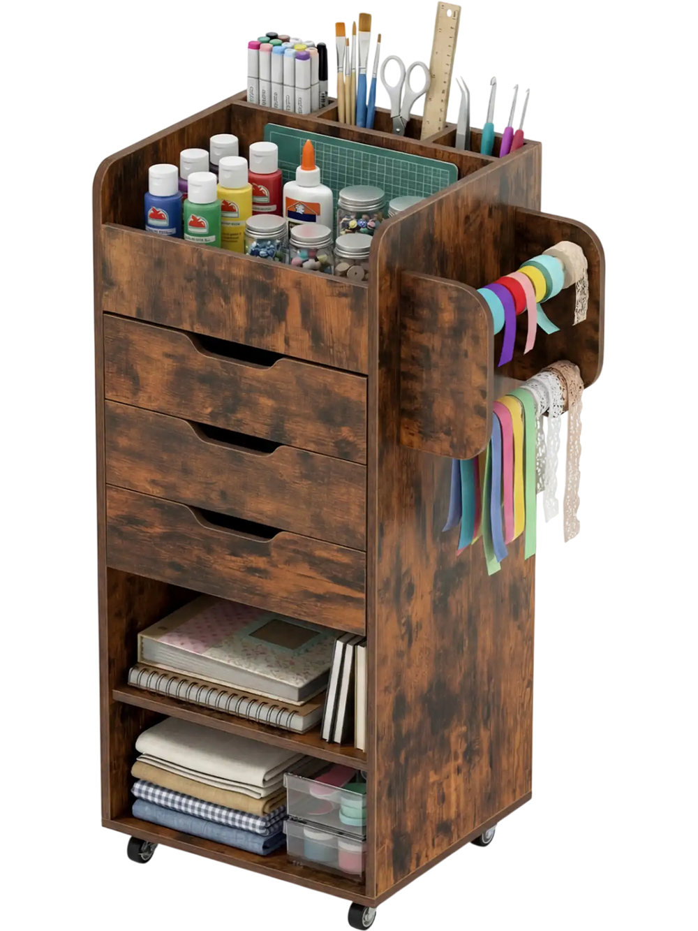 Utility trolley in rustic brown with 3 drawers, open shelves, and ribbon storage, perfect for organizing crafting.