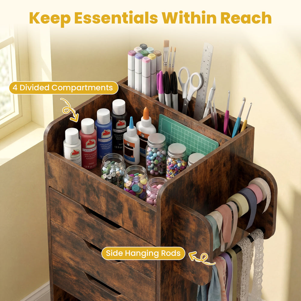 Utility trolley in rustic brown featuring 4 divided compartments and side hanging rods for organized crafting storage.