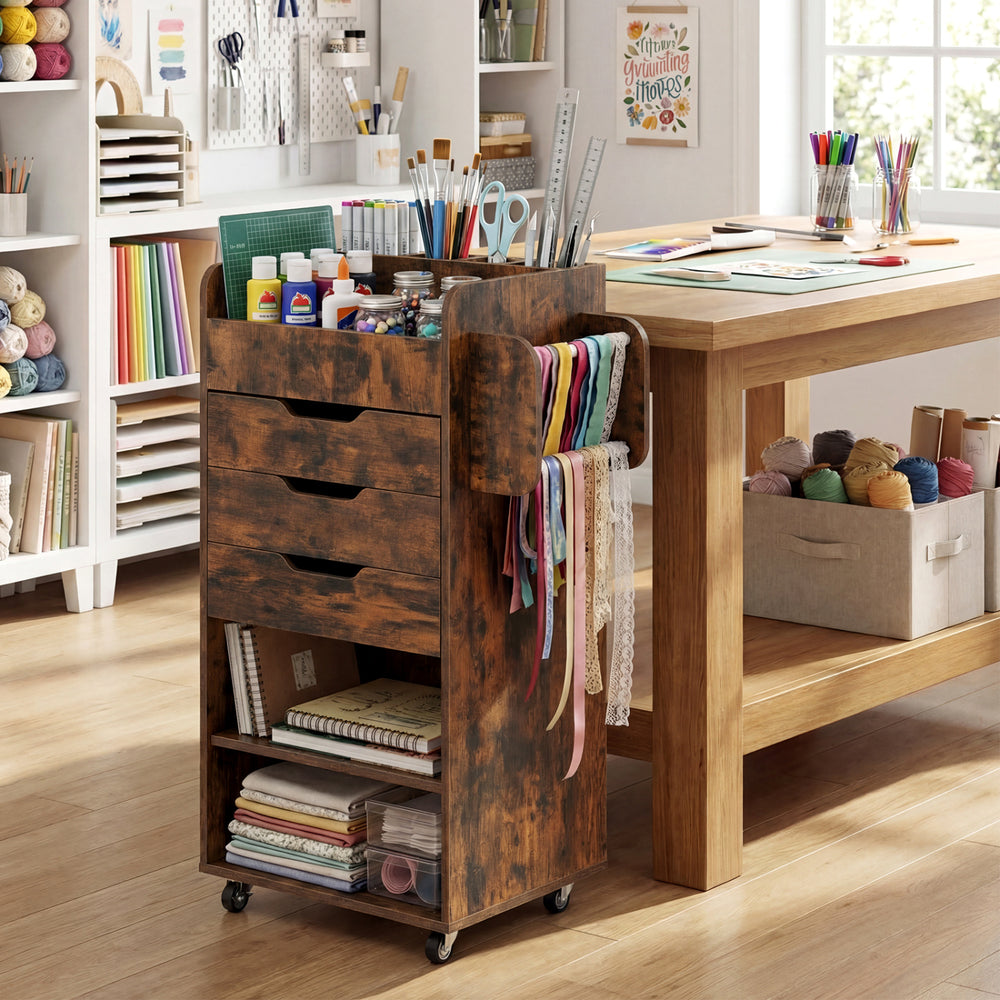 Utility Trolley with Open Shelves and 3 Drawers-Rustic Brown - Gallery View 1 of 11