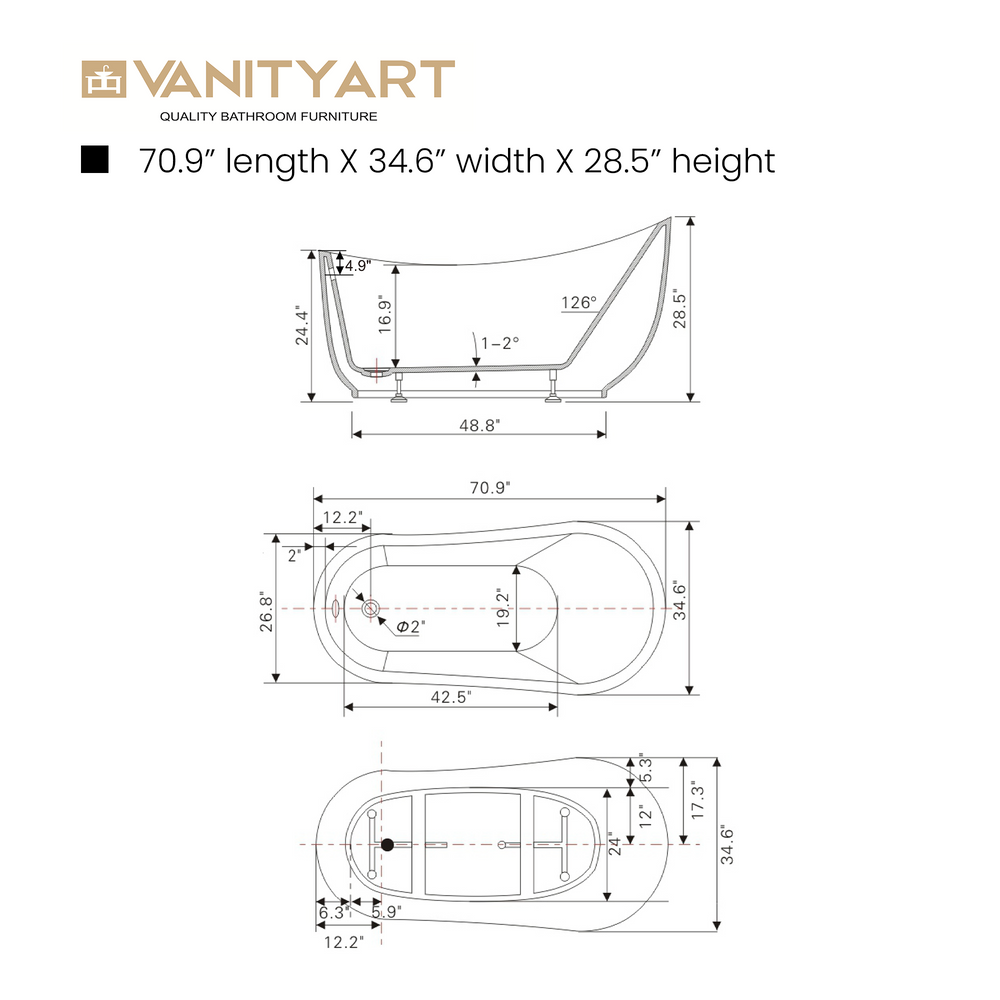 Vanity Art Belfort 71" x 35" Bathtub Free-Standing Round Overflow Acrylic White VA6512-L New