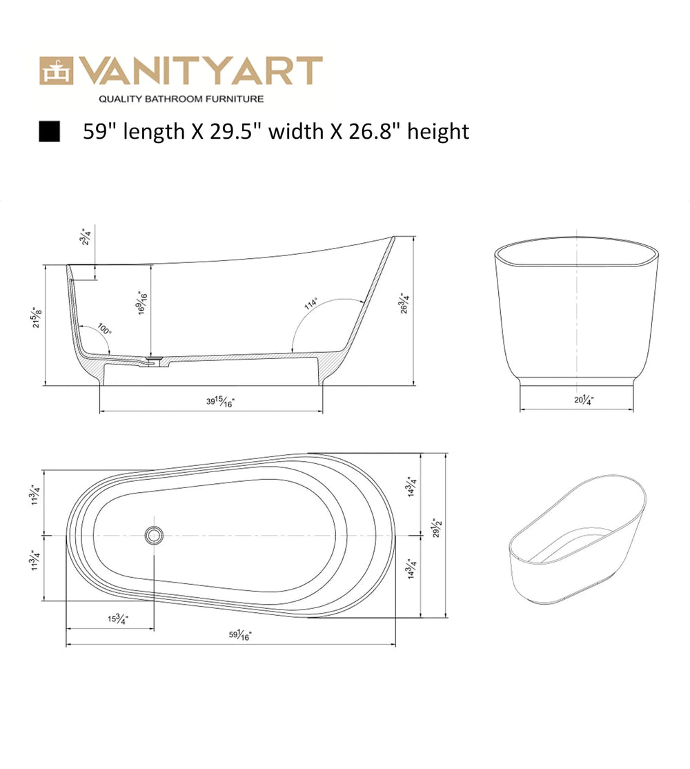 Vanity Art Beziers 59" Bathtub Free-Standing Slotted Overflow Resin Stone Glossy White VA6911-GS New