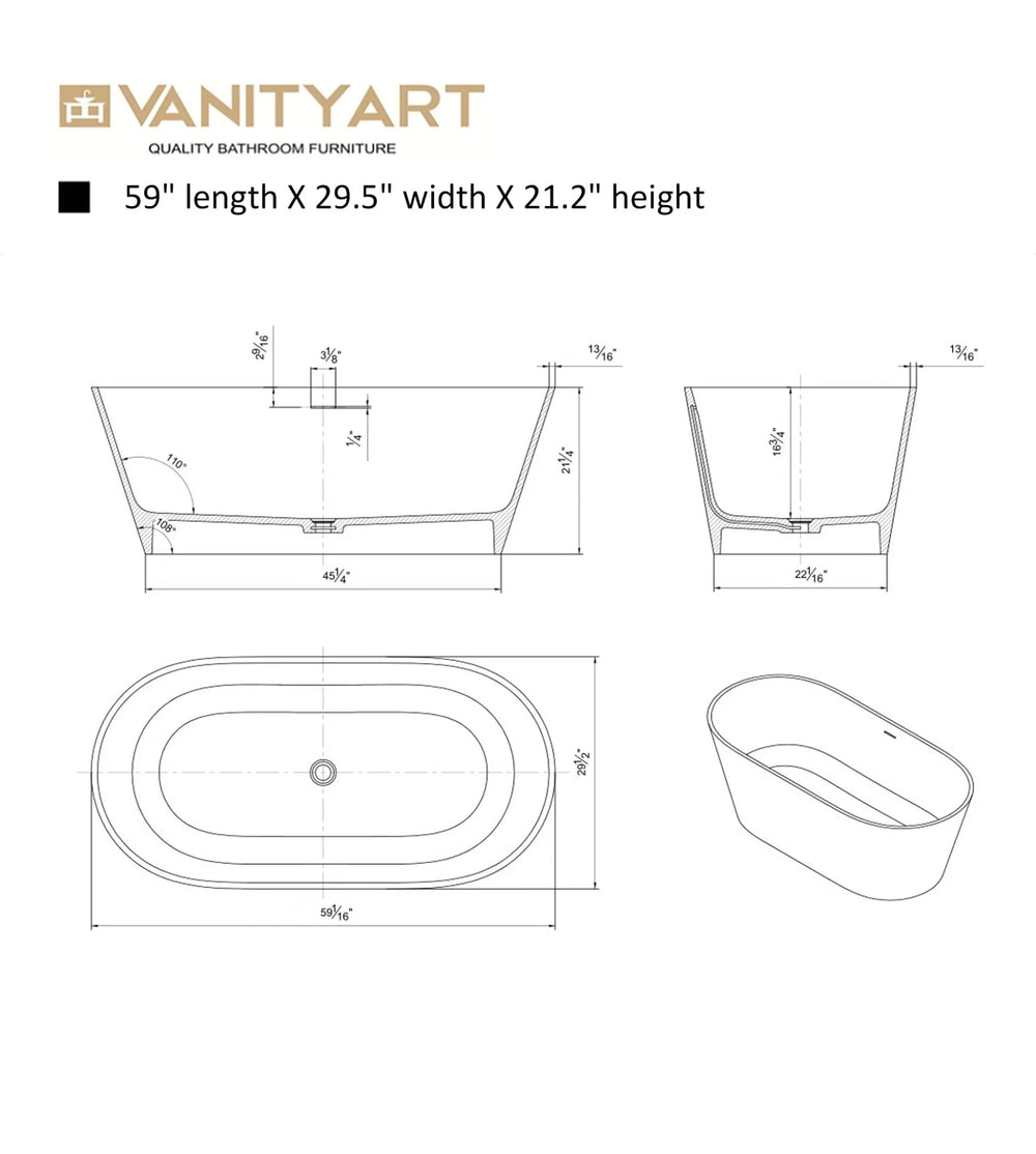 Vanity Art Alsace 59" Bathtub Free-Standing Center Drain Slotted Overflow Resin Stone Glossy White VA6912-GS New