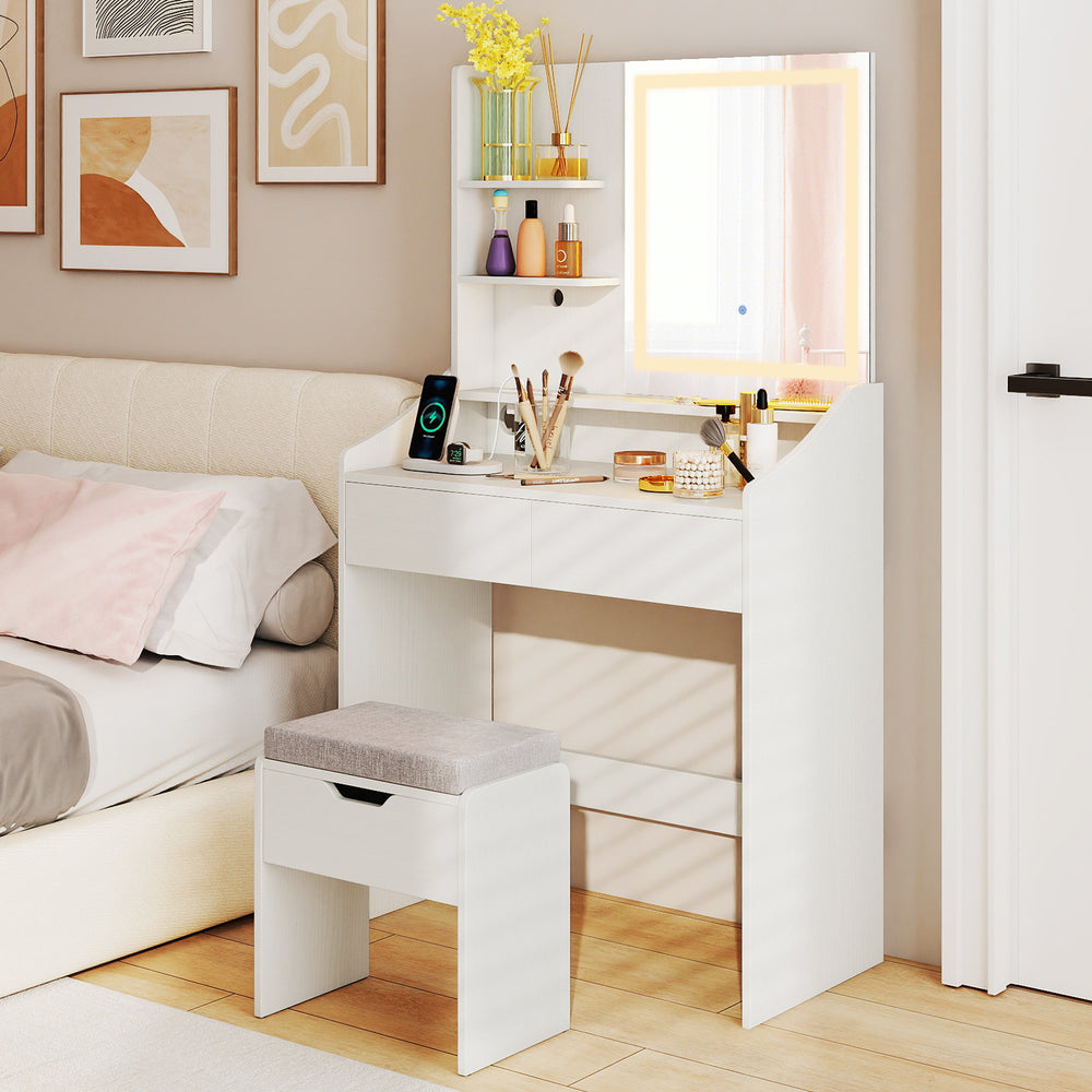 Vanity desk with LED lighted mirror, 3 color modes, and matching stool, perfect for makeup and storage in white finish.