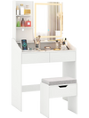 White LED lighted vanity desk with adjustable brightness, storage shelves, and matching stool for stylish makeup.