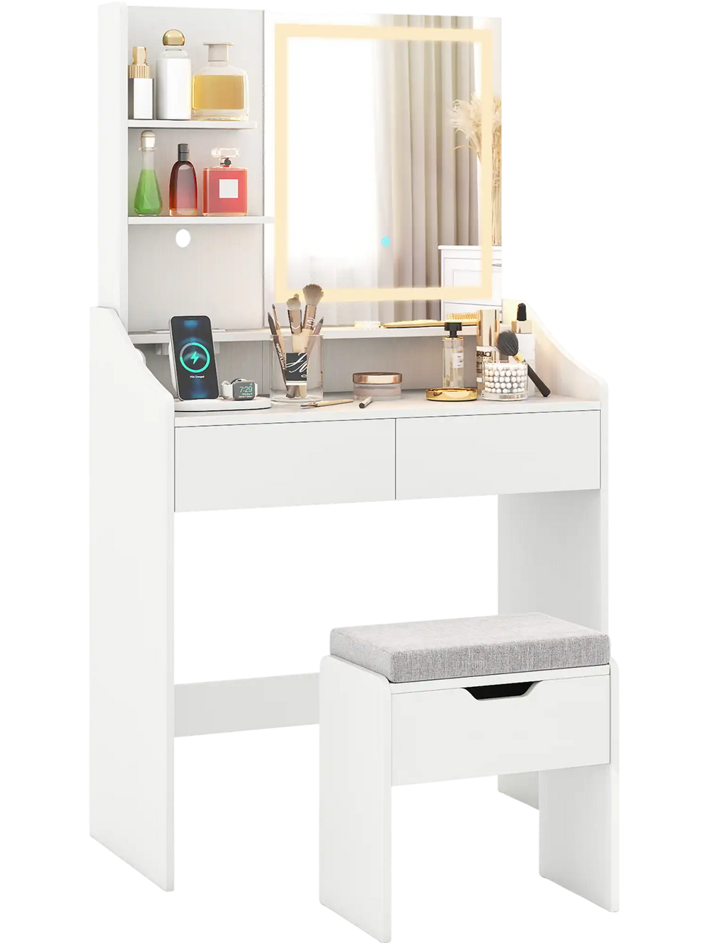 White LED lighted vanity desk with adjustable brightness, storage shelves, and matching stool for stylish makeup.