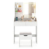 Vanity desk with LED light, three color modes, and storage drawers, perfect for makeup application and organization.