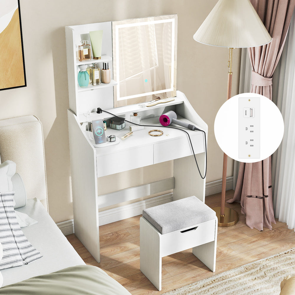 White LED lighted vanity desk with adjustable brightness, charging station, and matching stool for stylish makeup.