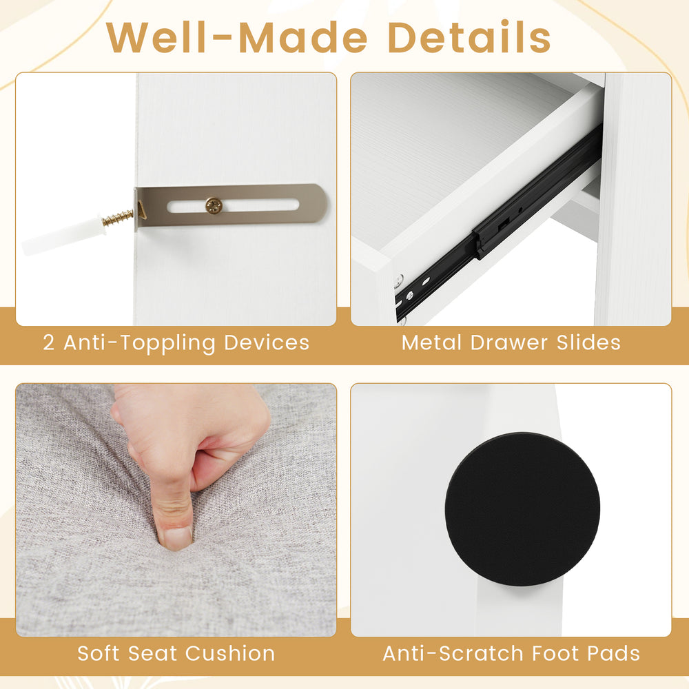 Close-up of the vanity desk's soft seat cushion, anti-scratch foot pads, and metal drawer slides for enhanced stability.