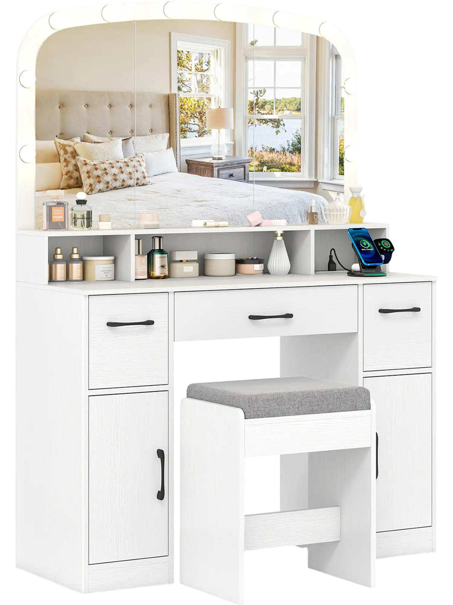 Costway Vanity Makeup Table Desk w/ Stool 3-Color LED Lights Charging Station 16526088 New