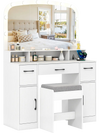 Vanity desk makeup table in white with 10 LED bulbs, 3-color lights, and a padded stool for comfortable grooming.