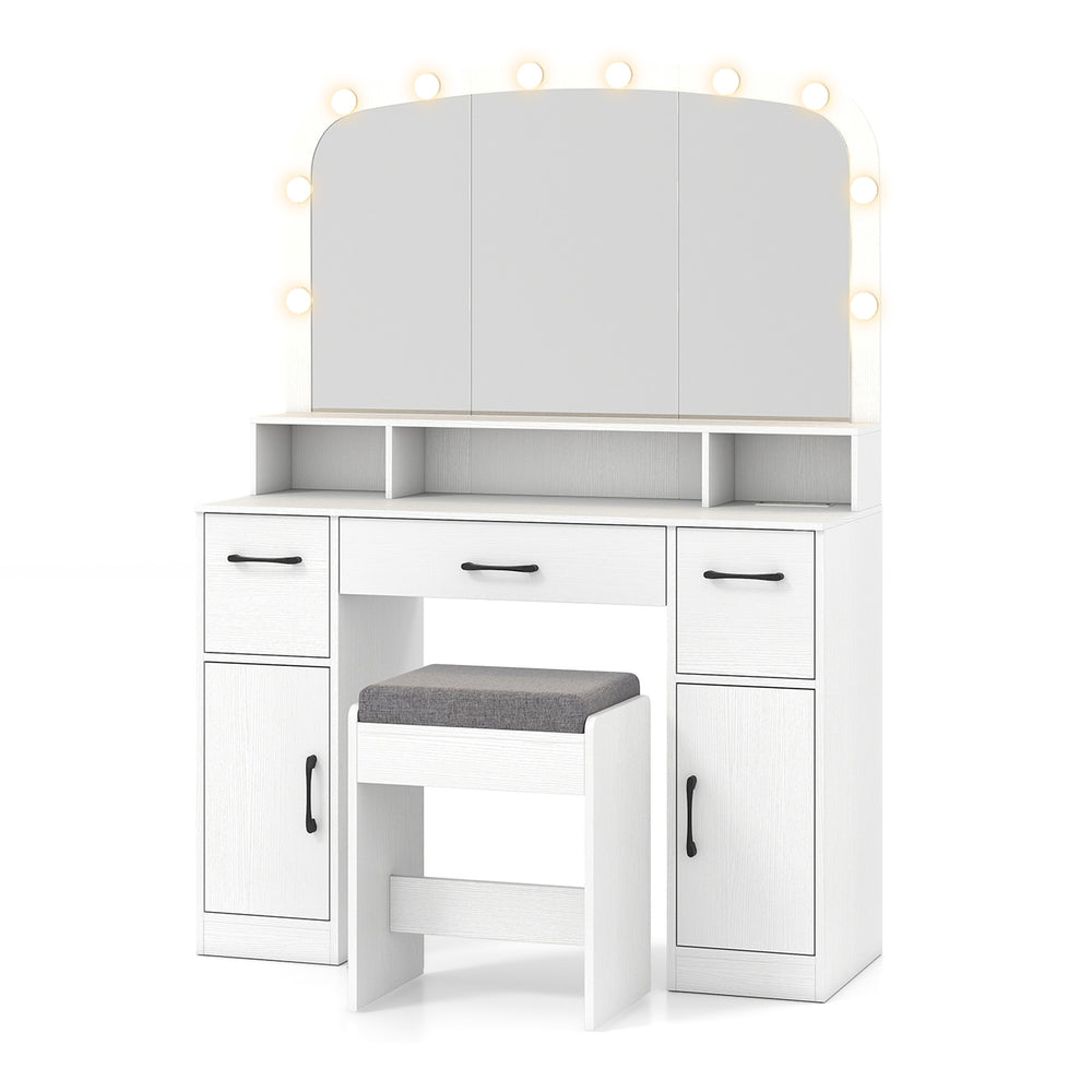 Vanity desk with curved mirror, 10 LED bulbs, and padded stool, featuring storage drawers and charging station in white.