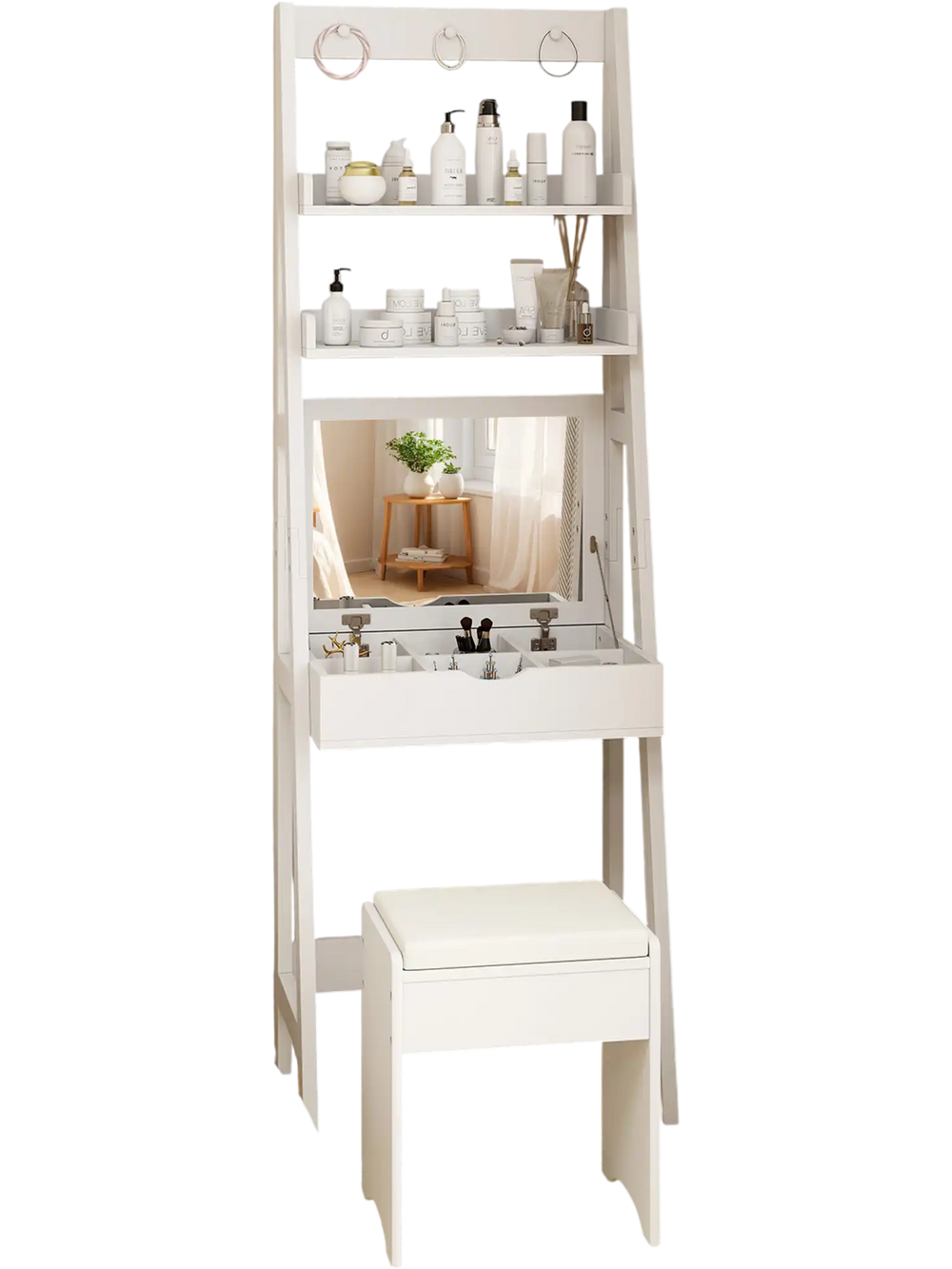 Vanity desk set in white with flip-top mirror, hidden storage, and cushioned stool, perfect for stylish bedroom.