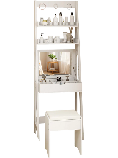 Costway Vanity Desk Set Flip Top Mirror Hidden Storage Cushioned Stool White 193786452 New