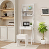 White vanity desk set with flip-top mirror, hidden storage, and cushioned stool for stylish and functional home decor.