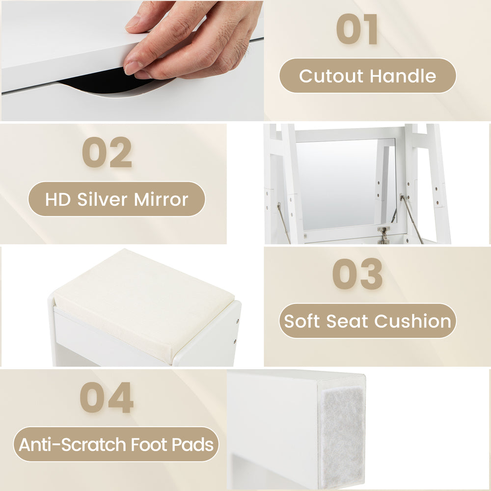 Cutout handle detail of the white vanity desk set with flip-top mirror and cushioned stool for stylish storage.