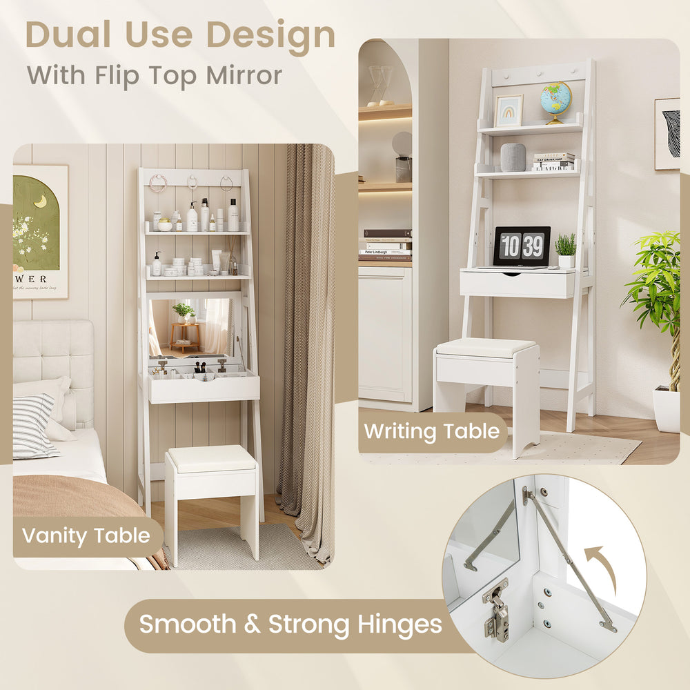 Vanity desk set in white with flip-top mirror, cushioned stool, and ample hidden storage for versatile use.