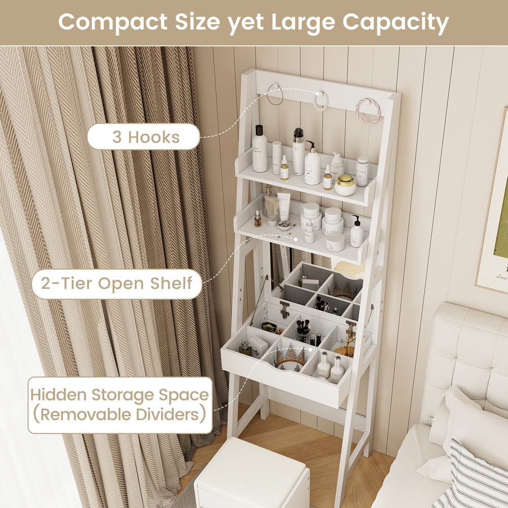 Compact vanity desk set in white featuring a flip-top mirror, hidden storage, and cushioned stool for versatile use.