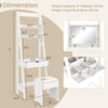 Vanity desk set with flip-top mirror, hidden storage, and cushioned stool in white, perfect for space-saving.