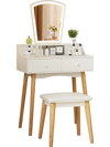Vanity desk set in white with 3-color LED mirror, 6 drawers, and a padded stool for stylish makeup organization.