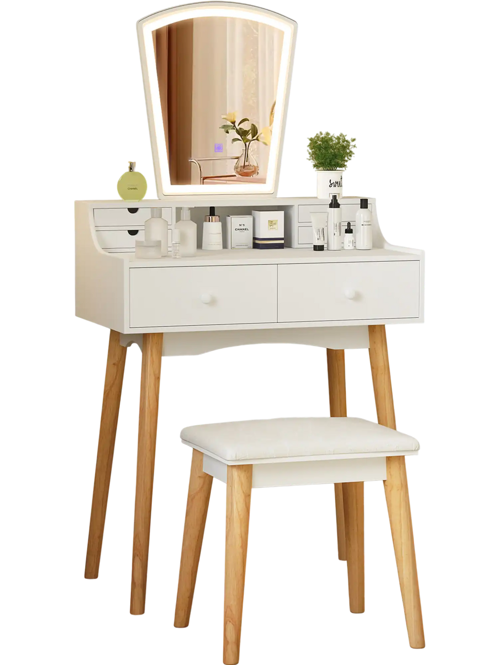 Vanity desk set in white with 3-color LED mirror, 6 drawers, and a padded stool for stylish makeup organization.