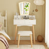 White vanity desk set featuring an open shelf and 6 drawers, complemented by a comfortable padded stool for makeup.