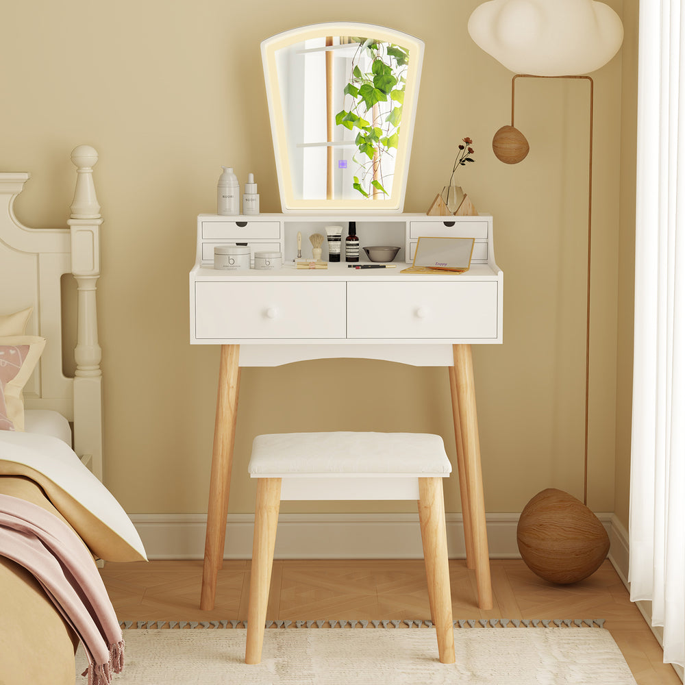White vanity desk set featuring an open shelf and 6 drawers, complemented by a comfortable padded stool for makeup.