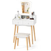 Vanity desk set in white with adjustable LED mirror, six drawers, and a padded stool for stylish makeup organization.